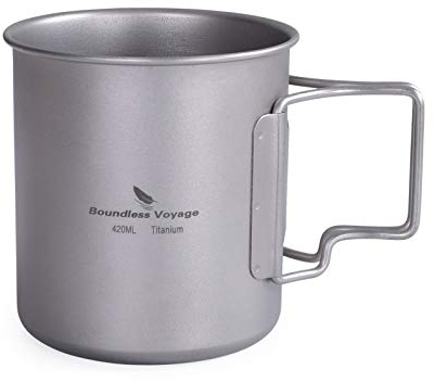 iBasingo Tasse Pot de Camping Portable Ultraléger en Titane Outdoor Vaisselle Can Tasse à thé en Titane avec Anse Pliable 420ml