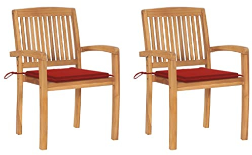 vidaXL 2X Teak Massiv Gartenstuhl mit Roten Kissen Stapelbar Essstuhl Holzstuhl Stapelstuhl Gartensessel Gartenmöbel Stuhl Stühle Sessel Gartenstühle
