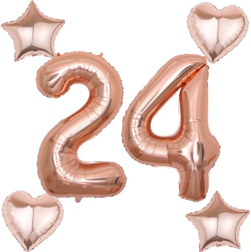 2 Luftballons Zahl 24 rosegold+4 pcs herz/stern Folienballon 24 .Geburtstag Deko frau rosegold,40 Luftballons 24 .geburtstagsdeko frauen 24 jahre,ballon 24. geburtstag deko frau (rosegold 24)