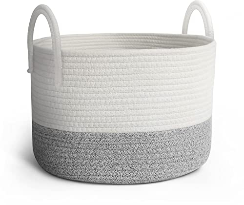 Keplin Small Rope Storage Baskets - Woven Two Tone Material Nursery Hamper with Handles, Large Capacity for Laundry, Baby Clothes, Toys (Grey & White)