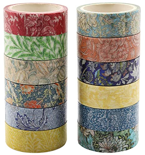 Berkin Arts Washi Tape Set 12 Rotoli Decorativo Giapponese Nastro Washi adesivo colorato Artigianato Carta, 15mm di Larghezza, Vintage per Arti e Artigianato William Morris Stampa