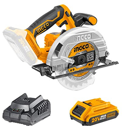Sierra Circular Inalámbrica INGCO 20V con 2.0 Ah Batería Set, HSS Hoja de 165mm 24 Dientes, Profundidad de Corte 38mm (45°), 55 mm (90°), Guía de Metal (2.0 Ah)