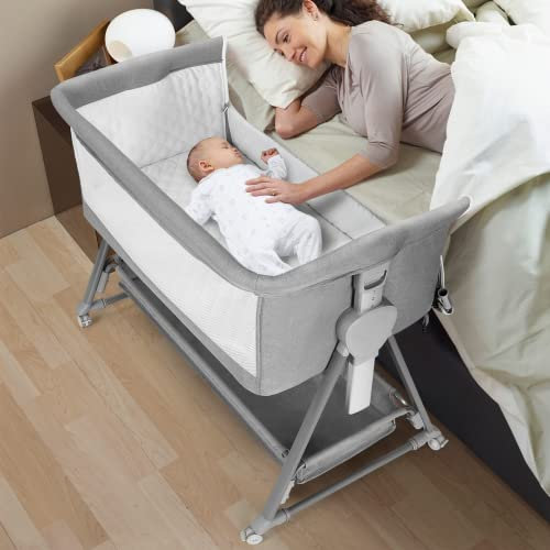STAVDLNN Cowiewie Bassinet for Baby Beside Sleeper with Wheels(Grey)