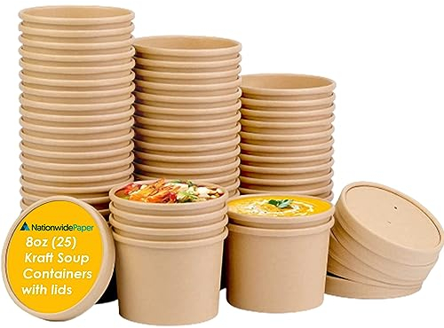 Nationwide Paper 25 Pcs-8oz Brown Kraft Soup Containers with Lids Disposable Takeaway Paper Soup Cups Takeaway Tubes-240ml