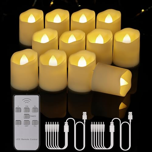 BOWKA Wiederaufladbare 12er LED Teelichter mit Fernbedienung Timer Flammenlose Flackernde Dimmbare Kerzen mit USB-kabel für Weihnachten Party Hochzeit Halloween Hause Kirche Outdoor Camping (Warmweiß)