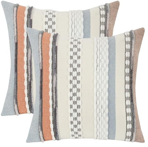 Tosleo 2er Set Kissenbezug Chenille 45x45cm Kissenhülle Sofakissen Streifen Dekokissen Boho Deko Kissenbezüge für Sofa Wohnzimmer Schlafzimmer Outdoor Kissen Orange und Blau