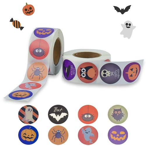 Kleemeiero 1000 Stück Halloweens Aufkleber Halloween Sticker Halloween-Kürbis-Fledermaus-Spinnen-Aufkleber Rolle Selbstklebende Kürbisaufkleber Aufkleber Backetikett für Halloween Party Favors Decor