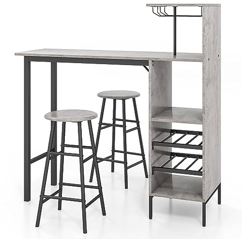 GiantexUK 3PCS Bar Table Set, Industrial Counter Height Dining Table and 2 Stools with Open Shelves, Cup Holder and Wine Rack, Kitchen Breakfast Table Furniture for Home Dining Room Pub (Grey)