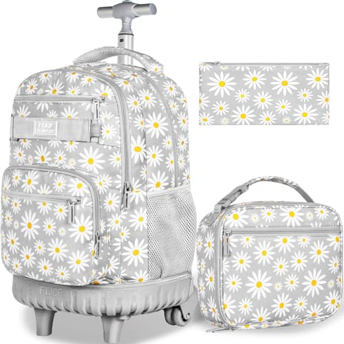 gxtvo Mochila con ruedas para mujeres y hombres, bolsa de libros con ruedas para adultos con lonchera para niñas y niños., Gris crisantemo, 20 x 12 x 6, Mochila con ruedas