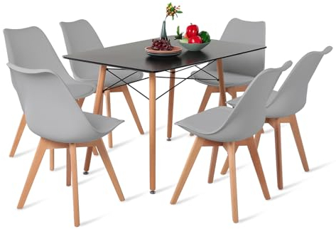 H.J WeDoo Esstisch-Set mit 6 Stühlen, rechteckiger Esstisch 110 cm, geeignet für Esszimmer, Küche, Wohnzimmer | schwarzer Tisch + graue Stühle