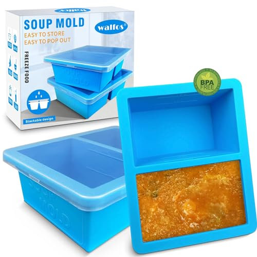 Walfos Extra-Large Silicone Freezing Tray with Lid,1-Cup Freezer Tray for Soup, Baby Food Freezer Trays,Soup Freezer Container for Storing and Freezing Soup, Broth, Sauce and Ice, 2 Pack
