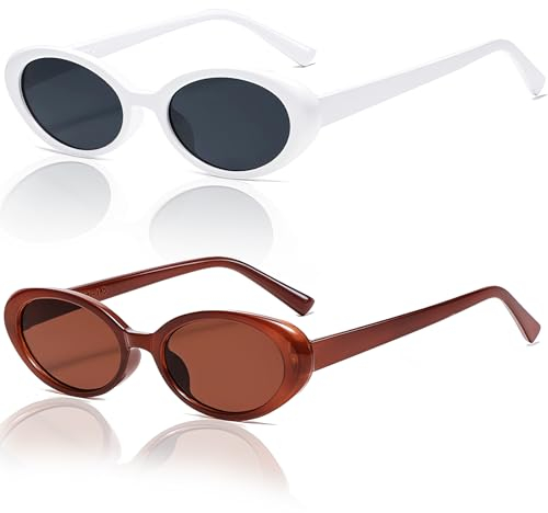 Johiux 2 Stück Vintage Oval Sonnenbrille, Sunglasses für Damen und Herren, Party Sonnenbrille, Aesthetic Accessoires Sunglasses Woman UV400 (2, Weiß+Tannfarbe)