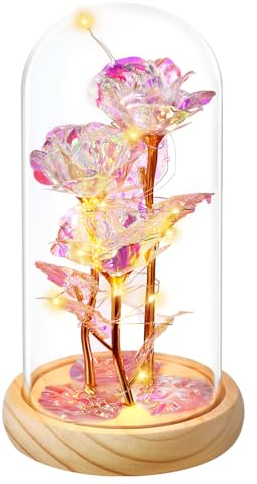 TRYQTYL Glasrose in Glaskuppel Galaxie Rose Blume Geschenk Infinity Rose im Glas Leuchtende Rose in einer Glaskuppel Verzauberte Rose Geschenk für Frauen