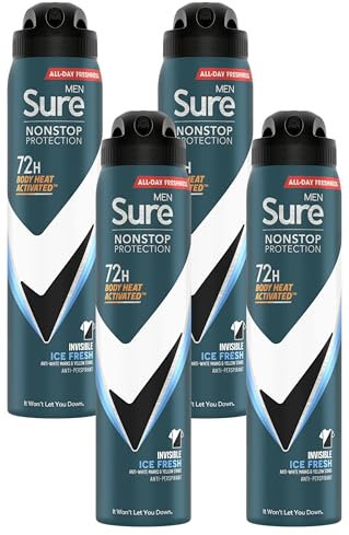 Sure Men Invisible Ice Fresh Nonstop Protection leaves no white marks or yellow stains on clothes Anti-perspirant Deodorant Aerosol 72h protection, 250ml (Packing May Vary) (Pack of 4)