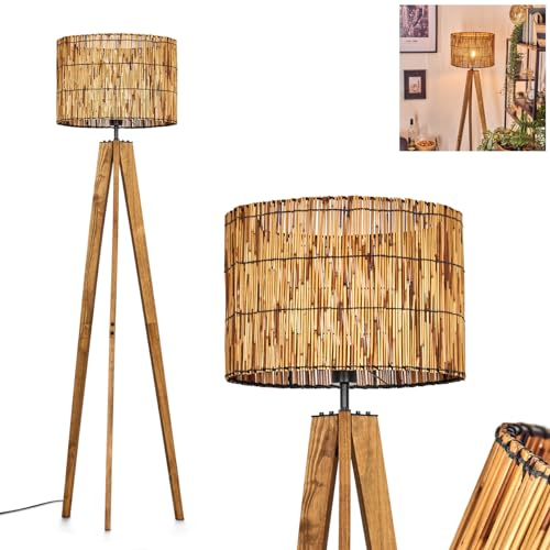 HOFSTEIN Stehleuchte Cando, Stehlampe aus Holz/Metall/Bambus in Natur/Schwarz, Leuchte im skandinavischen Design mit rundem Schirm (Ø 40 cm) u. Fußschalter, Höhe 161 cm, 1 x E27, ohne Leuchtmittel