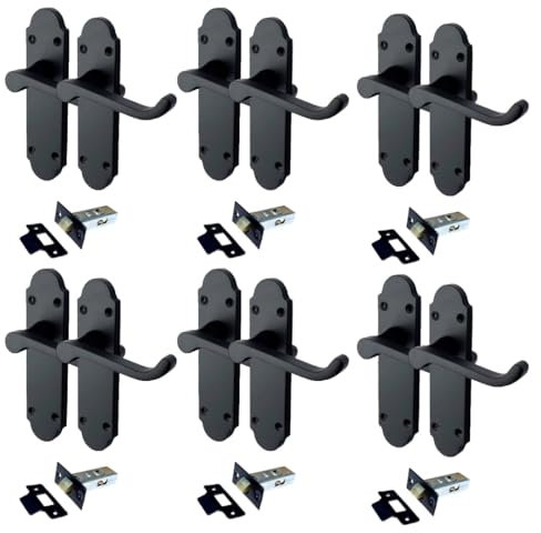 Matt Black Internal Door Handles - Door Handles Internal Sets Including Tubular Latch, Black Door Handle Set for Internal Doors, Door Handle in Black, 170mm x 42mm (6 Pair of Handles + Tubular Latch)