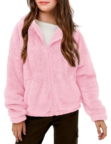 Haloumoning Veste polaire douce pour fille - Sweat à capuche - Manteau d'hiver, Rose, 11-12 ans