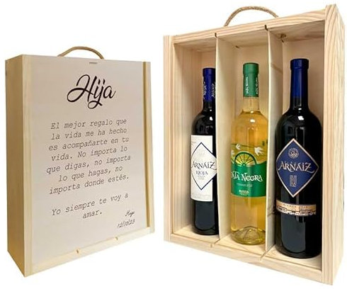 Adri - Caja de madera personalizada con botellas de vinos incluidas - Regalos personalizados originales para padres, madres, hermanos, abuelos (FRASE HIJA)