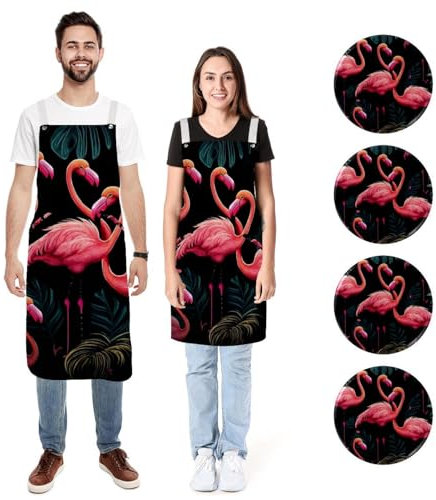 Delantal de cocina de lino para mujeres y hombres, delantal de cocina de flamencos de selva rosa con 2 bolsillos ajustables, Flamencos rosados de la selva,