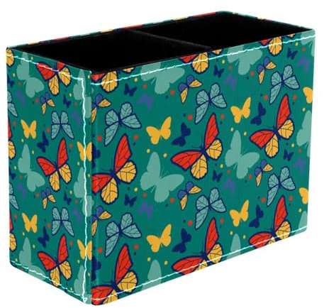 VAPOKF Vintage Butterfly Pen Holder for Desk, 2 Compartments Pen Pot Pencil Holders Makeup Brushes Storage Desktop Stationary Supplies Organiser for Home Office