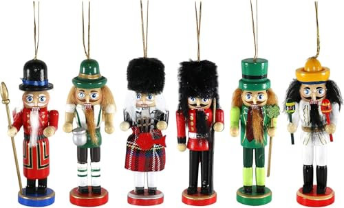 Set of 6 Wooden Nutcracker Soldier Ornaments 13cm/5 - Festive Xmas Hanging Decorations for Christmas Tree & Fireplace Mantle Decor