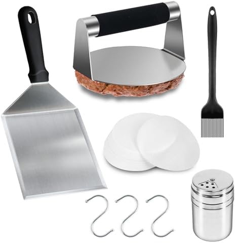 Qcdou Kit de presse à hamburger, presse à hamburger, kit d'accessoires de plaque de cuisson à dessus plat, avec presse à hamburger, spatule de gril en acier inoxydable, 100 disques de cire, bouteille