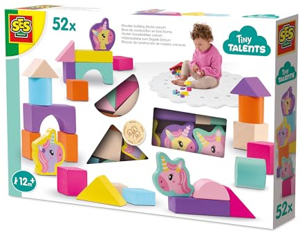 SES Creative 13251 Holzbausteine Einhorn - Spielset für Kinder ab 12 Monaten - Enthält Bunte Blöcke und Einhornfiguren - Perfekt für motorische Fähigkeiten