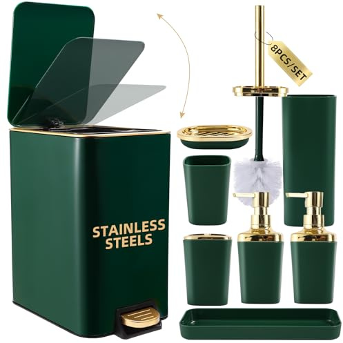 XLHOMO Bathroom Set Bathroom Accessories Set 8 Piece Green and Gold Bathroom Set, Bathroom Sets with Stainless Steel Trash Can,Toilet Brush,Toothbrush Set,Soap Dispenser