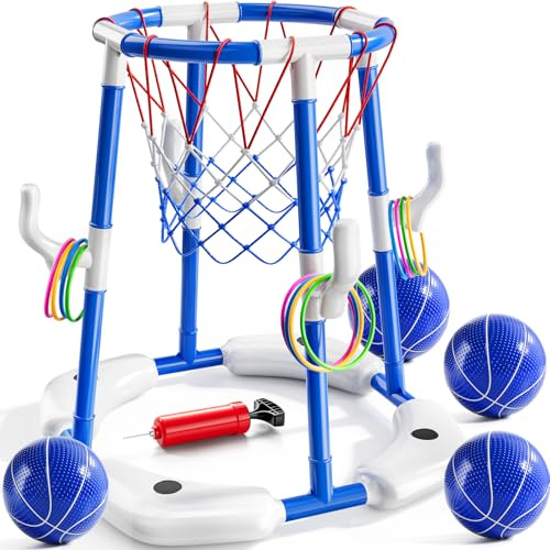 Sitodier Pool Basketball Hoop for Kids, 2-in-1 Floating Pool Basketball Play Toys and Ring Game with 4 Balls and Pump, Outdoor Summer Swimming Pool Basketball Games Family Party for Kids Adults (Blue)