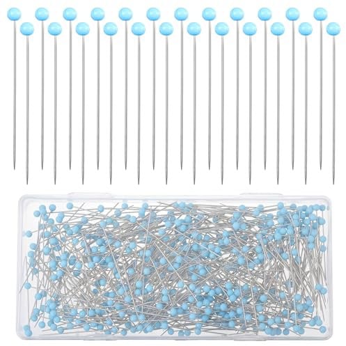 Piriuuo 500 Stück Stecknadeln mit Kopf, 4,4 cm Lange Stecknadeln mit geradem Kopf und blauem Glaskopf Edelstahl Stecknadeln Nähstifte Runde Stecknadeln für Stoff, Basteln, Handwerk Schmuck Making