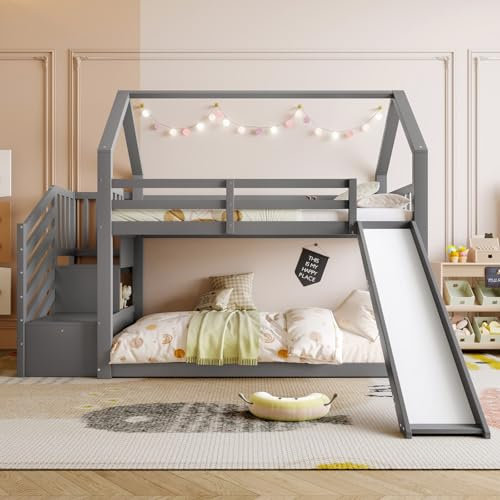 KOMHTOM Lit Superposé avec Escalier de Rangement et Toboggan, Lit d'enfant avec Sommier à Lattes en Bois, pour Enfants et Adolescents(sans Matelas) (Gris, 90x200cm)