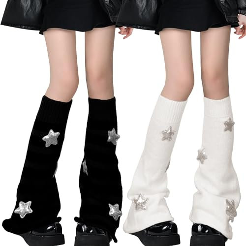 Adigau 2 Pairs Women Y2K Long Knit Leg Warmers Girls Glitter Stars Stripe Warm Winter Soft and Cosy Knee Warmers Punk Knee High Stockings Legwarmers Black Star+White Star