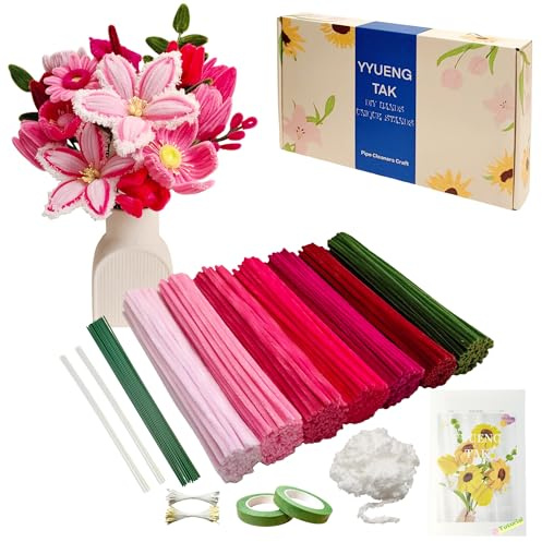 YYUENG TAK 350 Stück Pfeifenreiniger Blumen set（Rot & Pink）,Geschenkbox enth Anweisungen,Chenille Wolle zum pfeifenputzer Blumen，20 Blumendraht,100 Staubblatt,2 Klebeband,für Blumen Basteln,Diy & Deko