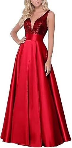 V-Ausschnitt Abendkleider Elegant für Hochzeit A Line Pailletten Satin Lang Brautjungfernkleider mit Schlitz