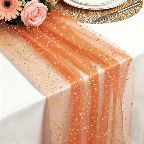 Tischläufer Orange Gold, 75X 300 cm Leichter und fließender Tischläufer Gaze Tüll Glitter GoldfolieTischläufer für Boho Hochzeit, Geburtstagsfeier, Weihnachten, Neujahrsparty Küche Tisch Dekoration