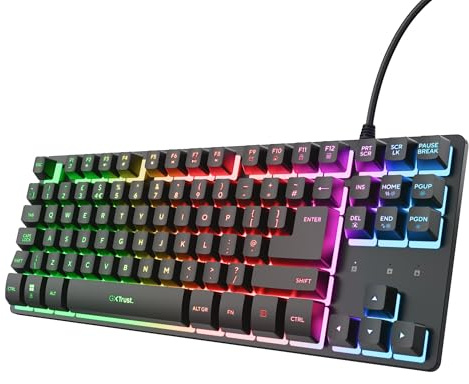GXTrust Thado TKL Gaming Keyboard QWERTY UK Layout, Black | Compact Tenkeyless Design (80 Percent), Multicolour LED Lighting, Anti-Ghosting, 1.8m USB Cable, Membrane, PC Mac Laptop