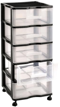Cajonera plastica con 5 cajones y ruedas, Carro de oficina, Peluqueria, hogar, Escuela, Gavetas de Almacenamiento Extraibles, Organizador (Negro 5 Cajones)