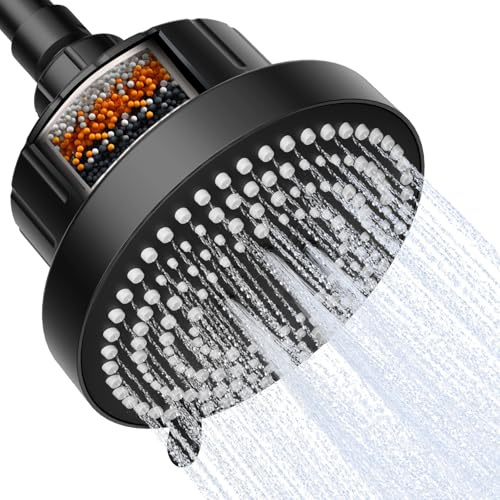 OFFO Rain Shower Head with Filter, 6 Modes 13cm(5 inch) Fixed Shower Head with Adjustable Metal Swivel Ball Joint, Overhead Shower Head for Standard G1/2 Screw Thread Pipe, Matte Black