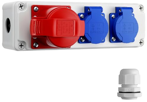 ALLmeter Power Distributor IP66 Outdoor Box with 1 x CEE 16A & 2 x Schuko, PC Housing, CNC Openings, Wall Mounting, Ideal as a Power Distribution Outdoor and CEE Socket 16a for Construction Site