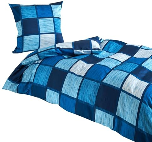 Traumschlaf Mako-Satin Bettwäsche Verso Denim – Edle Satin Bettgarnitur aus 100% Baumwolle im modernen Karodesign in Blautönen – mit Reißverschluss – 155x220 cm + 80x80 cm