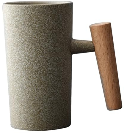 Hperu Coffee Mug, 7.4 Oz Vintage Mugs with Wooden Handle Exquisite Stoneware Coffee Mugs Dishwasher and Microwave Safe Ceramic Tea Cup for Home Office, Rough Stone Style