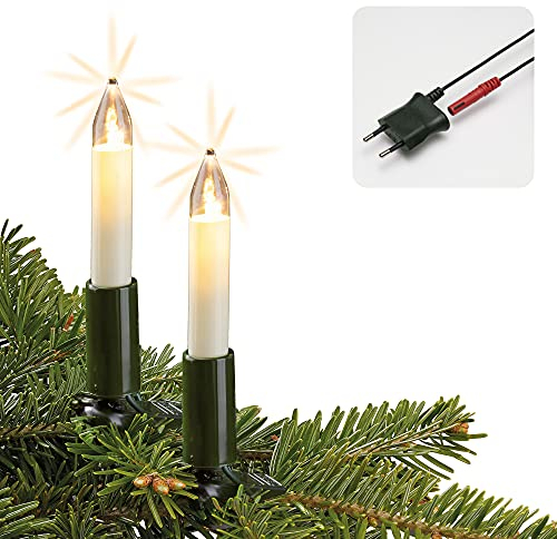 hellum LED Lichterkette Weihnachtsbaum Made-in-Germany Christbaumbeleuchtung Kerzen Lichterkette innen mit Clip, 15 warm-weiße LED, beleuchtete 980 cm, Kabel grün, für Innen mit Stecker 801545