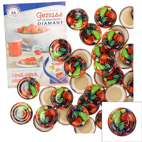 MamboCat 50er Set Deckel to 43, passend für 37 ml / 53 ml Gläser, Obstdekor lackiert, Schraubdeckel für Sturzgläser, mit Gummidichtung incl. GRATIS Diamant-Zucker Rezeptheft