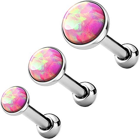 Piercingfaktor Tragus Piercing Helixpiercing Helix Ohr Cartilage Knorpel Stecker mit flachen Opal Steinen Rund Silber Pink Set