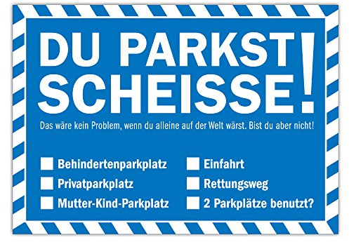 Falschparker Verwarnung Blau - Notizzettel Strafzettel für die Windschutzscheibe 50er Block DU PARKST SCHEISSE!