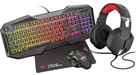 Trust Gaming GXT 1182RW - Paquete Gaming 4 en 1 (Auriculares, Alfombrilla, Teclado y ratón con iluminación) Color Negro