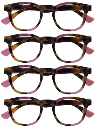 OPULIZE Ava Reading Glasses 4 Pack Flattering Rounded Frame Spring Hinges Scratch Resistant Brown Tortoiseshelll Pink Mens Womens RRRR62-4 +2.50