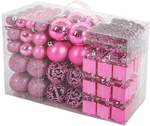 BRUBAKER 101-teiliges Premium Weihnachtskugel Set mit Baumspitze Rosa - Funkelnde Christbaumkugeln für den Weihnachtsbaum