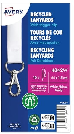 AVERY Zweckform 4842W Lanyard 10 Stück (44x1,5cm, Kartenhalter mit Karabinerhaken-Sicherheitsverschluss, Schlüsselband für Ausweishülle, Kartenhülle, Namenschilder, Umhängeband, Nackenband) weiß