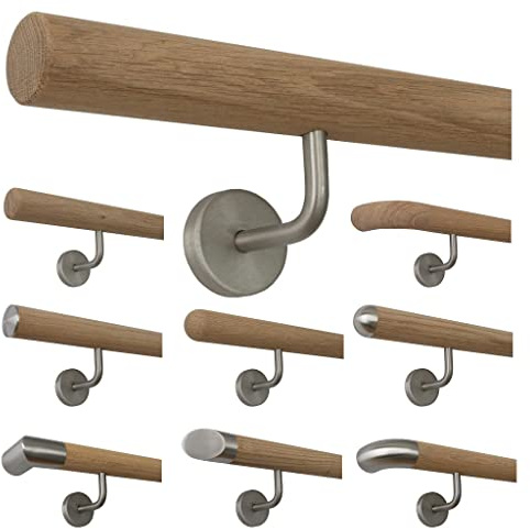 TIBU Holz Handlauf Eiche unbehandelt Geländer Wandhandlauf Treppe Wand 30-500cm mit gewinkelten Edelstahl Halter, Länge: 4600 mm mit 6 Halter - Enden:gefast